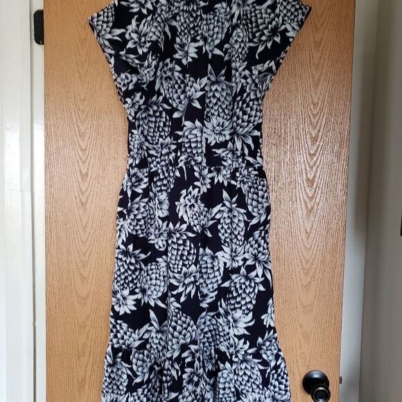 J. Crew Pineapple Print Sleeveless Crinkle Casual Midi Dress Navy White Size 4 - Picture 3 of 9
